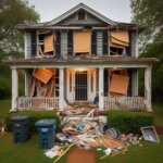 Virginia rental house with broken blinds and overflowing trash can on porch