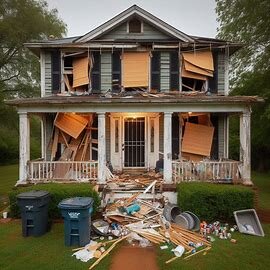 Virginia rental house with broken blinds and overflowing trash can on porch