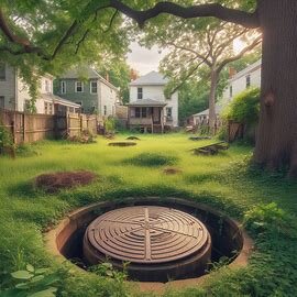 Overgrown backyard in Richmond VA with visible septic tank lid and poor drainage