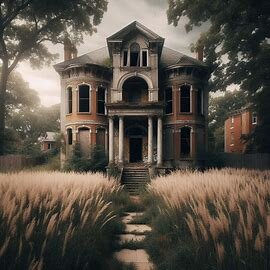 Empty house in Richmond VA with overgrown yard and boarded windows