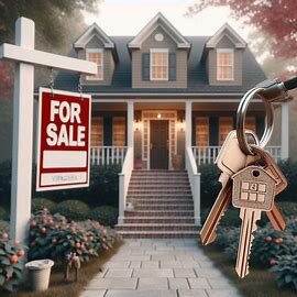 Virginia house with a For Sale sign and two sets of keys on the porch