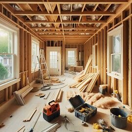 House in Richmond VA mid-renovation with exposed framing and construction tools