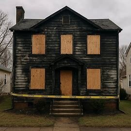 Virginia home with fire damage and boarded windows