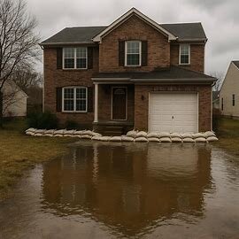 Flooded Virginia home near a river with sandbags around it