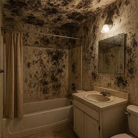 Virginia home bathroom showing visible black mold on ceiling and tiles