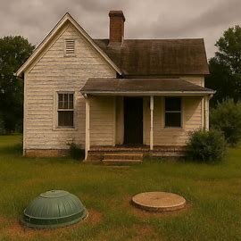 Rural Virginia home with overgrown yard and visible septic access cover