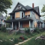 Empty house in Richmond VA with overgrown lawn and boarded windows
