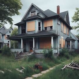 Empty house in Richmond VA with overgrown lawn and boarded windows
