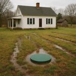Virginia home with visible septic system tank access and yard damage