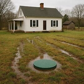Virginia home with visible septic system tank access and yard damage