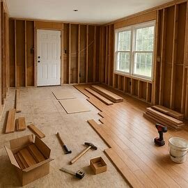 Partially renovated house in Virginia with exposed drywall and construction tools