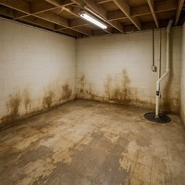 Virginia home basement with signs of past water damage and stains
