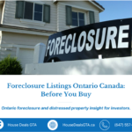 Foreclosure sign in front of a house with text reading “Foreclosure Listings Ontario: Before You Buy,” promoting Ontario foreclosure and distressed property insights for investors.