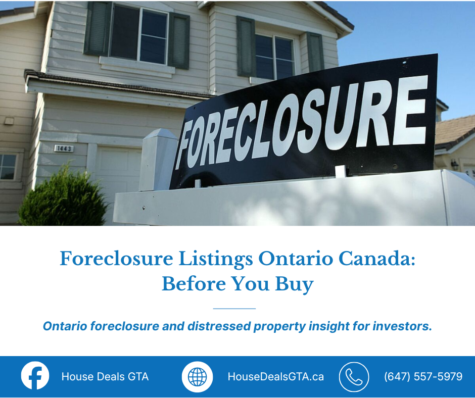 Foreclosure sign in front of a house with text reading “Foreclosure Listings Ontario: Before You Buy,” promoting Ontario foreclosure and distressed property insights for investors.