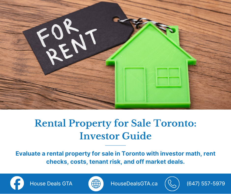 Rental property for sale in Toronto guide graphic with green house rental sign and House Deals GTA contact details.