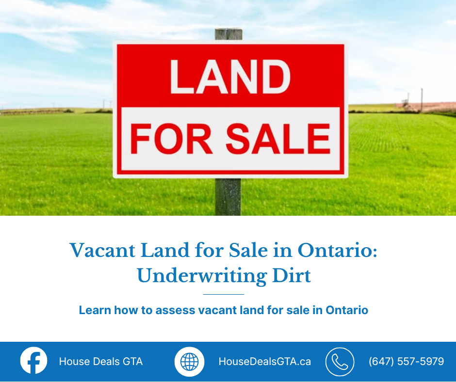 Land for sale sign in a green field for a House Deals GTA blog about vacant land for sale in Ontario.