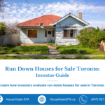 Run down house for sale in Toronto with boarded window, overgrown lawn, and investor guide text for House Deals GTA.