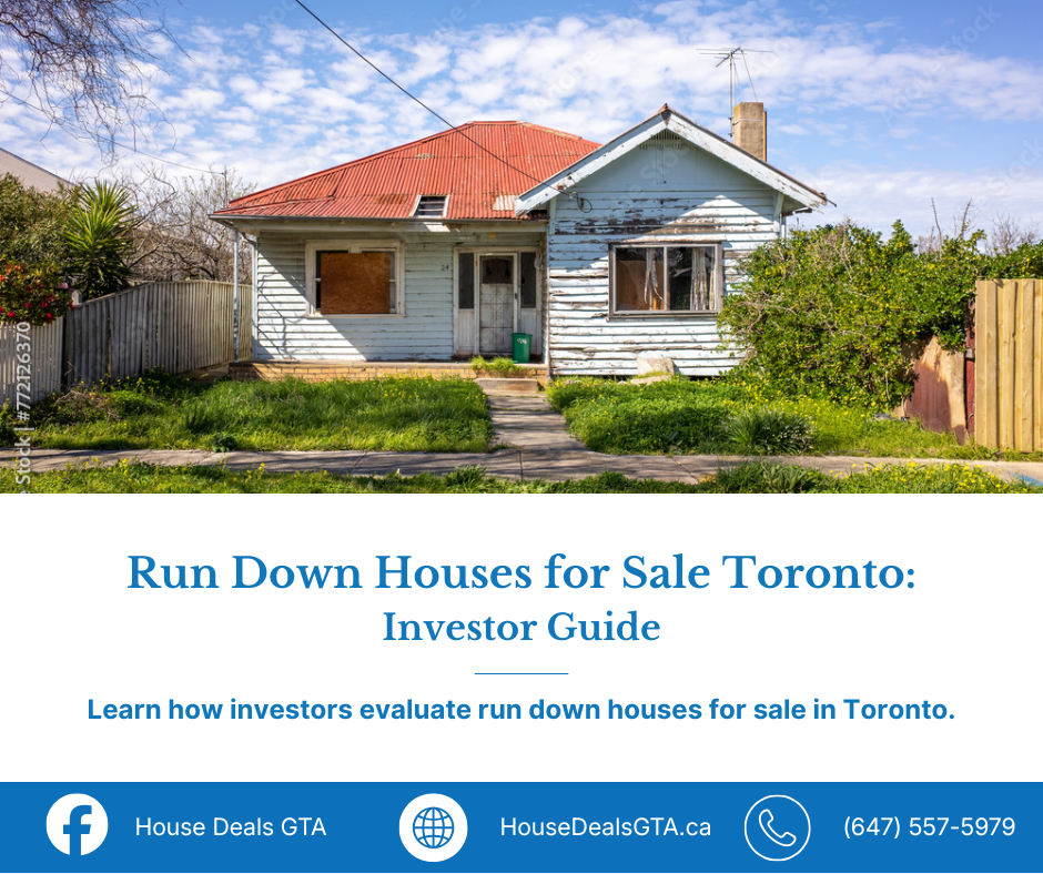 Run down house for sale in Toronto with boarded window, overgrown lawn, and investor guide text for House Deals GTA.