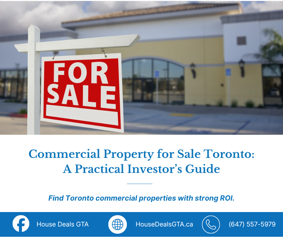 For sale sign in front of a commercial property building in Toronto, representing investment opportunities.