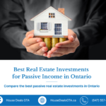 Hands holding a small house above stacked coins, representing passive real estate investments in Ontario with House Deals GTA.