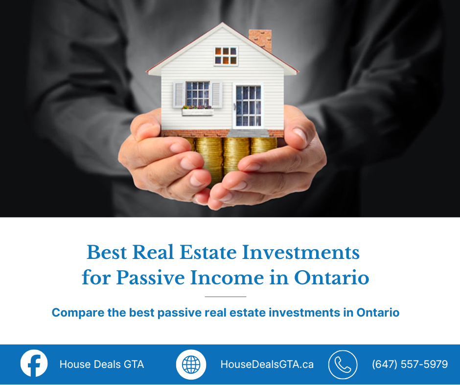 Hands holding a small house above stacked coins, representing passive real estate investments in Ontario with House Deals GTA.