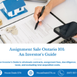 Investor reviewing an Ontario real estate assignment agreement with a calculator, smartphone, keys, coins, and model house.