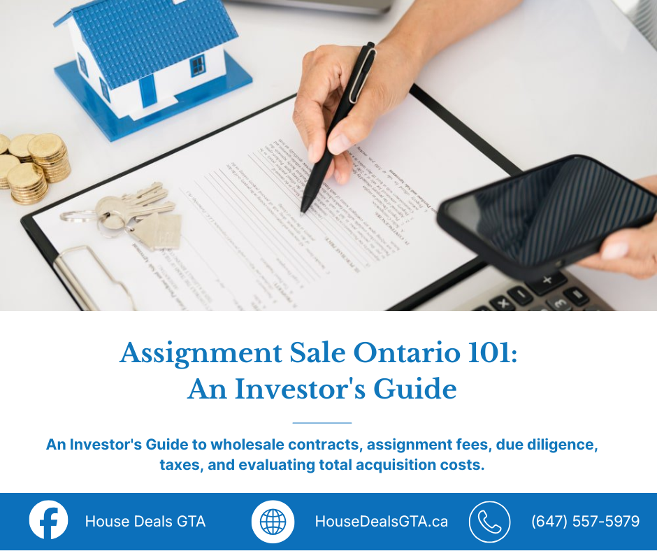 Investor reviewing an Ontario real estate assignment agreement with a calculator, smartphone, keys, coins, and model house.