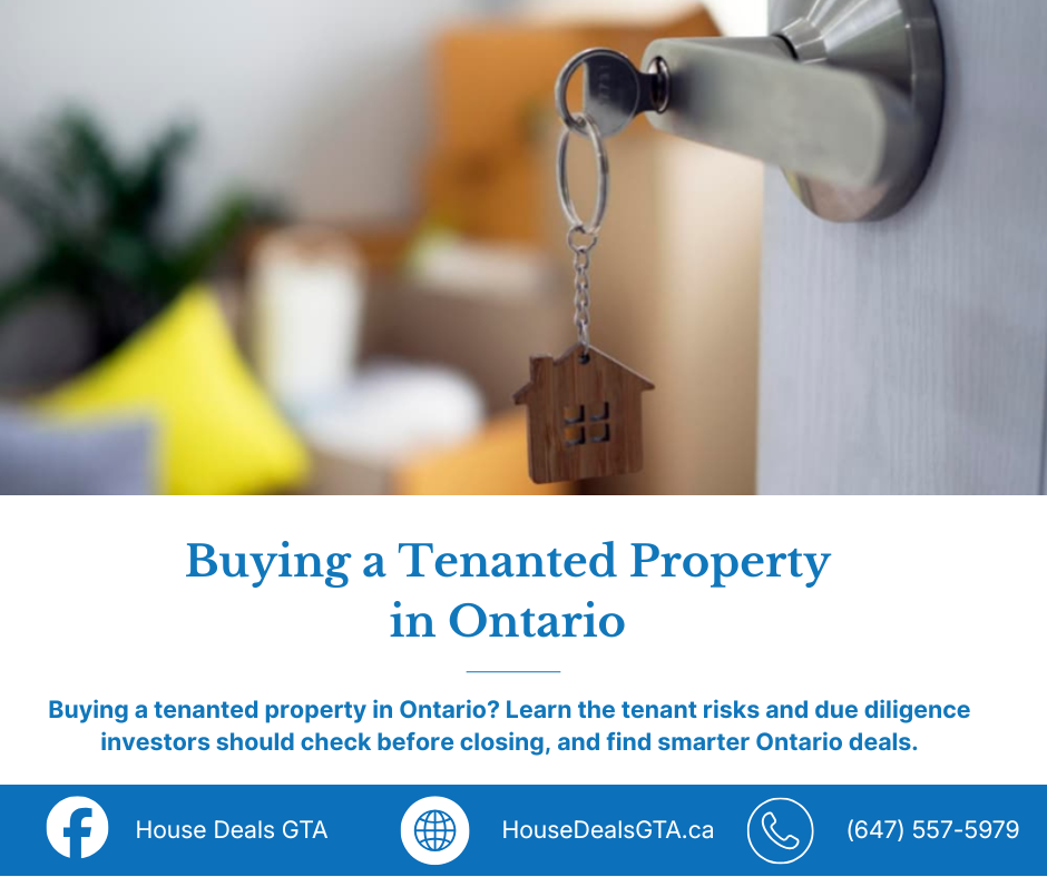House key in a door with text about buying a tenanted property in Ontario and investor due diligence.