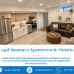 Modern legal basement apartment in Ontario with full kitchen, stainless steel appliances, living area, and basement window.
