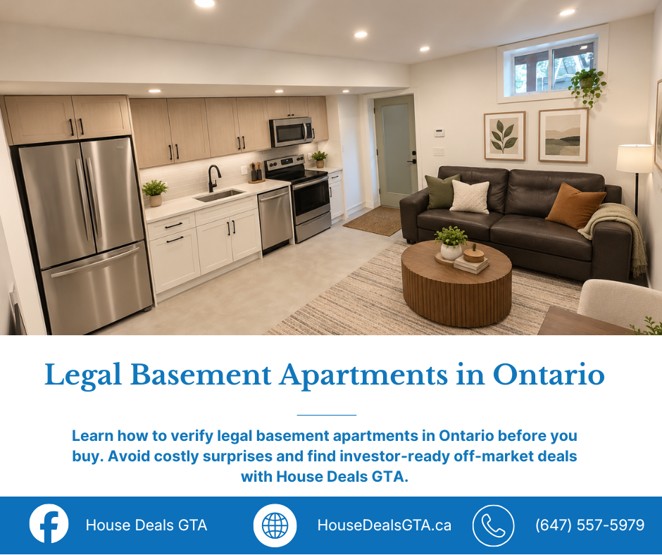 Modern legal basement apartment in Ontario with full kitchen, stainless steel appliances, living area, and basement window.