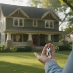 A person holding house keys while looking at a home exterior in a quiet suburban Michigan neighborhood