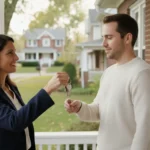 A local cash home buyer speaking with a homeowner on the front porch of a house with cluttered belongings