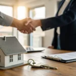 A homeowner and cash buyer shaking hands over house keys, finalizing a we buy houses sale.