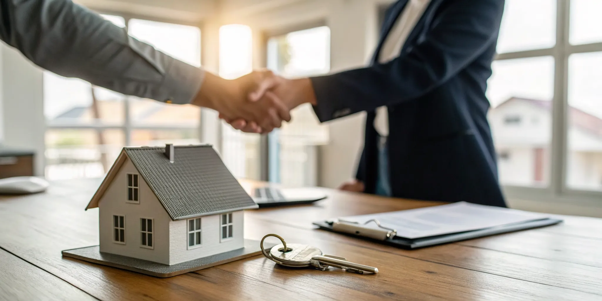 A homeowner and cash buyer shaking hands over house keys, finalizing a we buy houses sale.