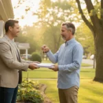 Heir reviewing an inherited Michigan home with a local cash buyer on the front porch