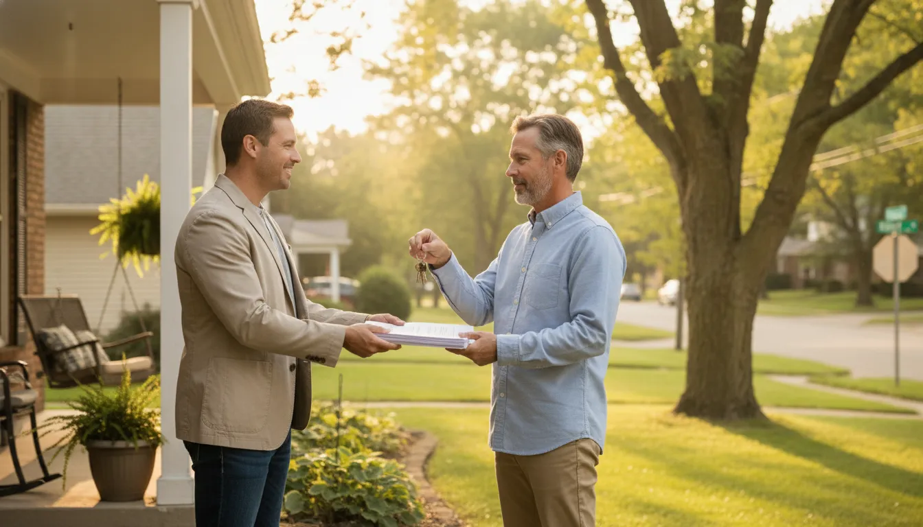 Heir reviewing an inherited Michigan home with a local cash buyer on the front porch