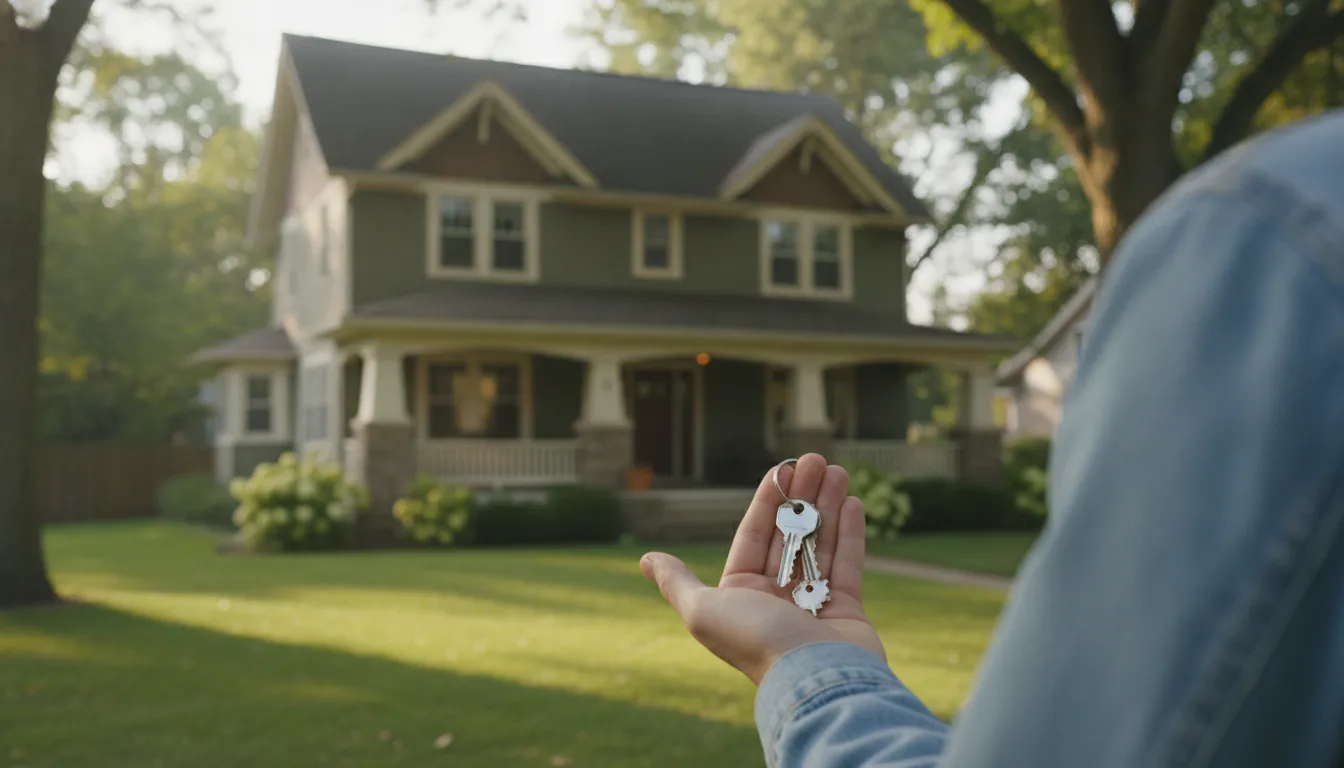 A person holding house keys while looking at a home exterior in a quiet suburban Michigan neighborhood