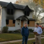 Fire-damaged Michigan home with a local advisor discussing next steps with a homeowner