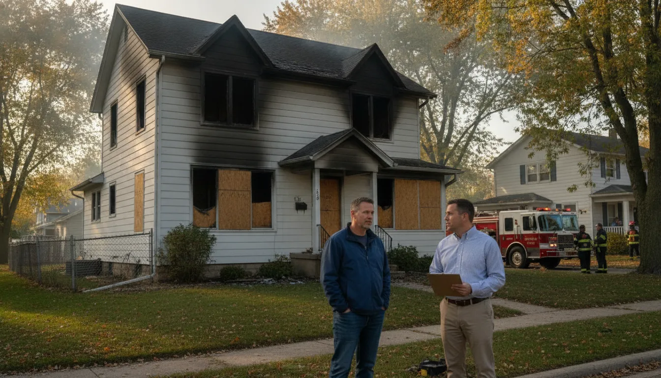 Fire-damaged Michigan home with a local advisor discussing next steps with a homeowner
