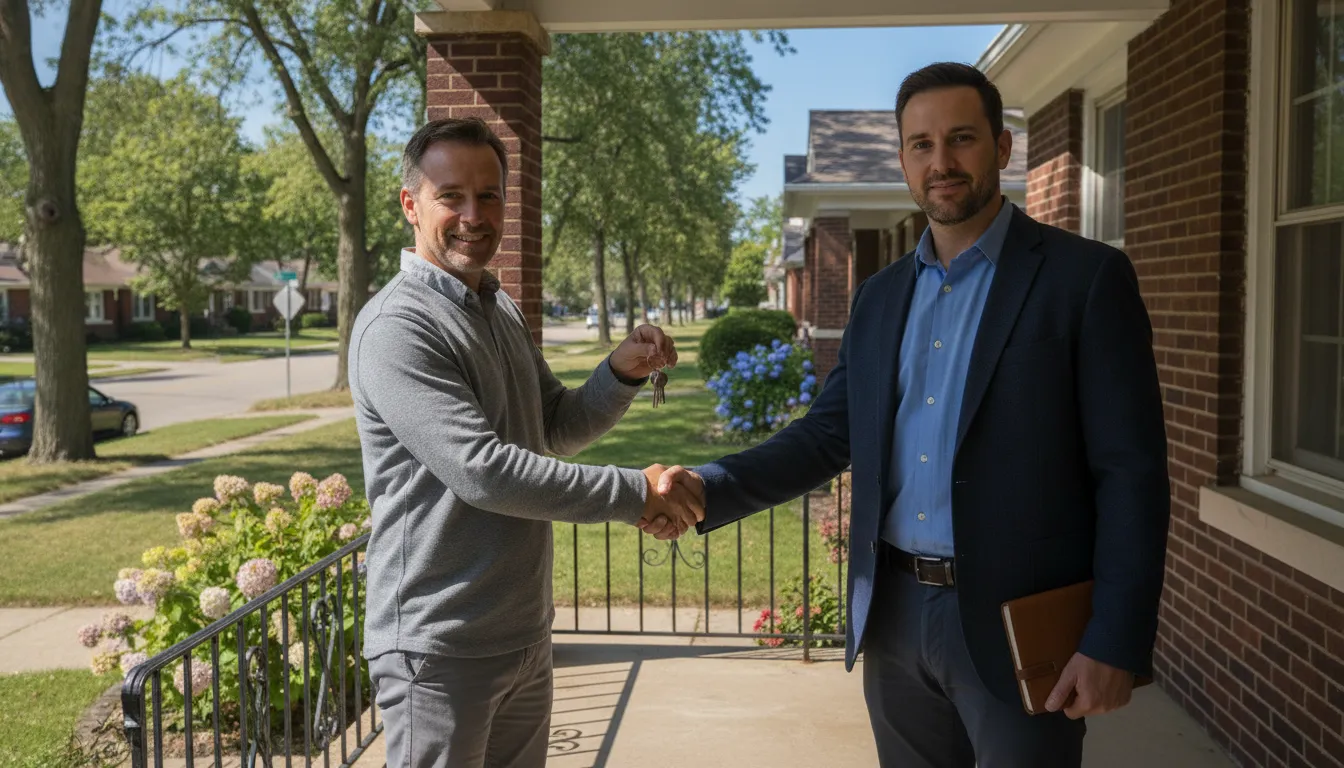 Michigan homeowner meeting a local cash home buyer on the front porch