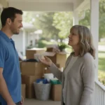 A local cash home buyer speaking with a homeowner on the front porch of a house with cluttered belongings