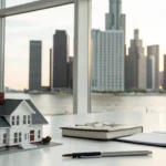 A model house on a desk with the Metro Detroit skyline for a we buy houses for cash sale.