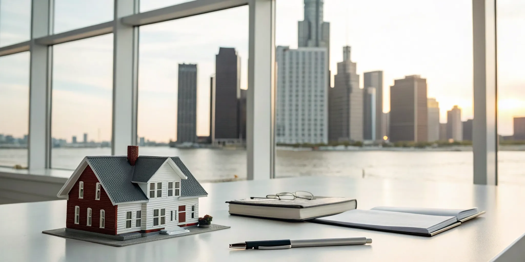 A model house on a desk with the Metro Detroit skyline for a we buy houses for cash sale.