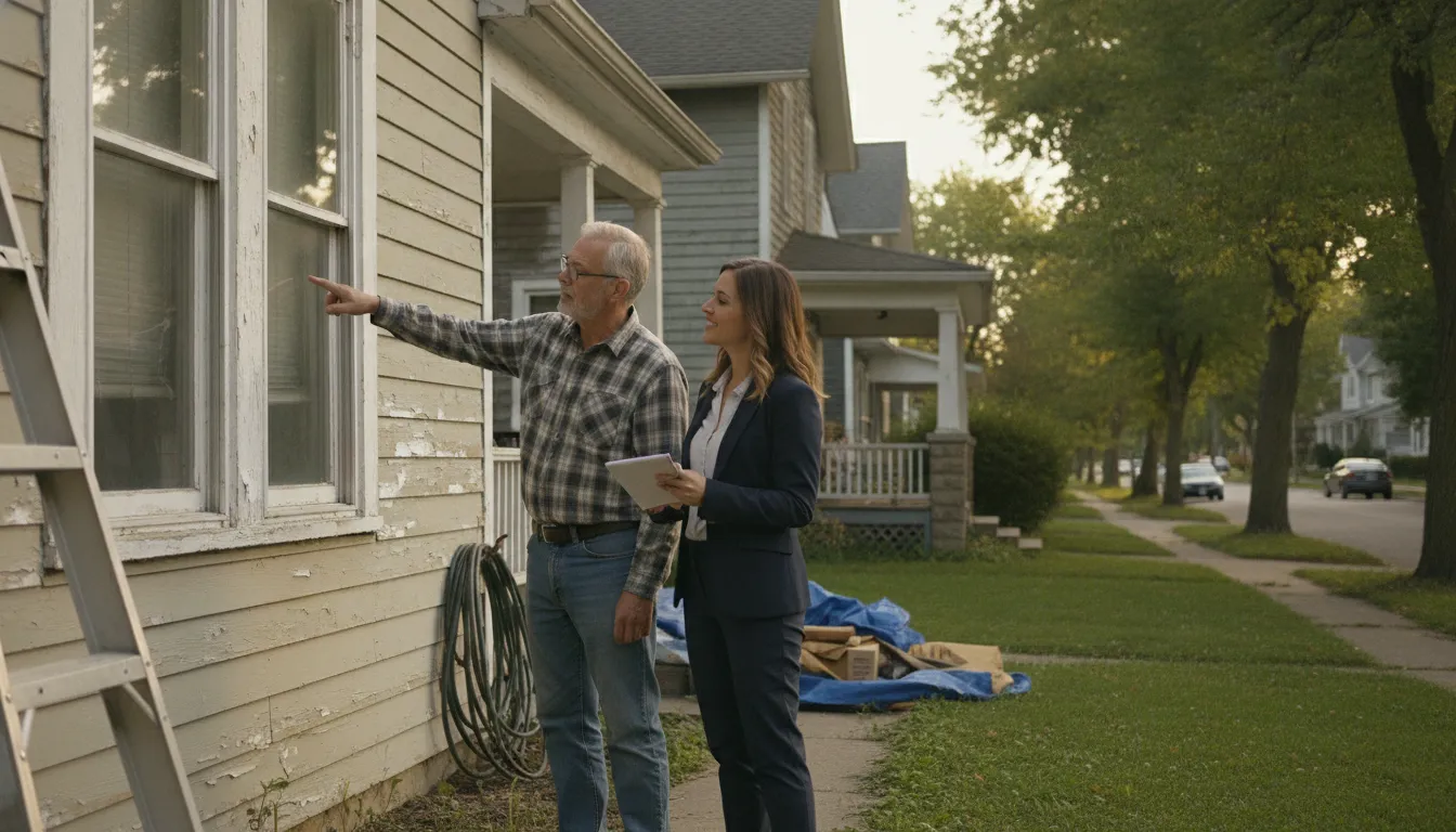 Michigan homeowner reviewing a property condition with a local home buyer