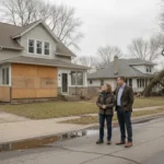Michigan homeowner discussing a water-damaged house with a local property advisor