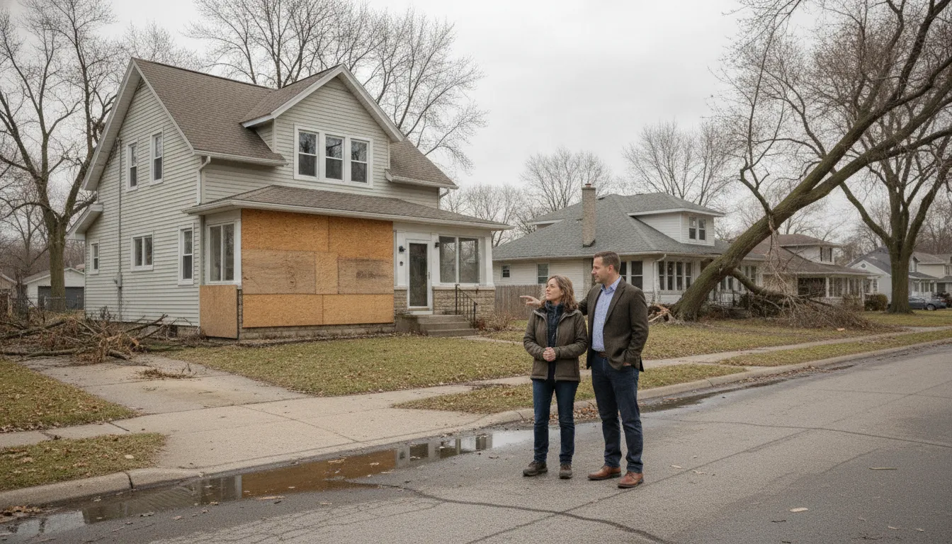 Michigan homeowner discussing a water-damaged house with a local property advisor