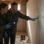 Michigan homeowner reviewing a mold-affected basement with a local home buyer