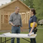 Homeowner and building professional reviewing an unfinished addition on a Michigan house