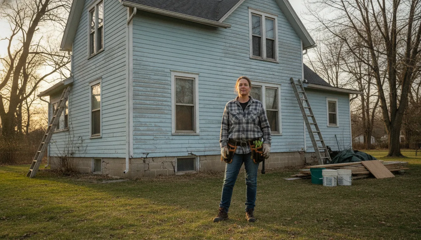 Michigan homeowner outside a house that needs repairs