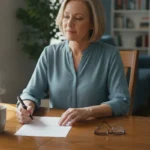 Michigan homeowner reviewing home sale paperwork at a kitchen table